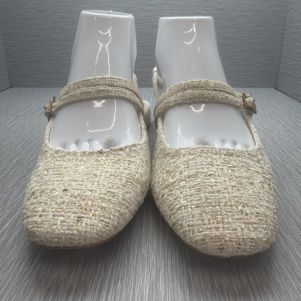 Tahari Password Mary Jane Slingback Flats Women 8M Beige Woven Square Toe Shoes